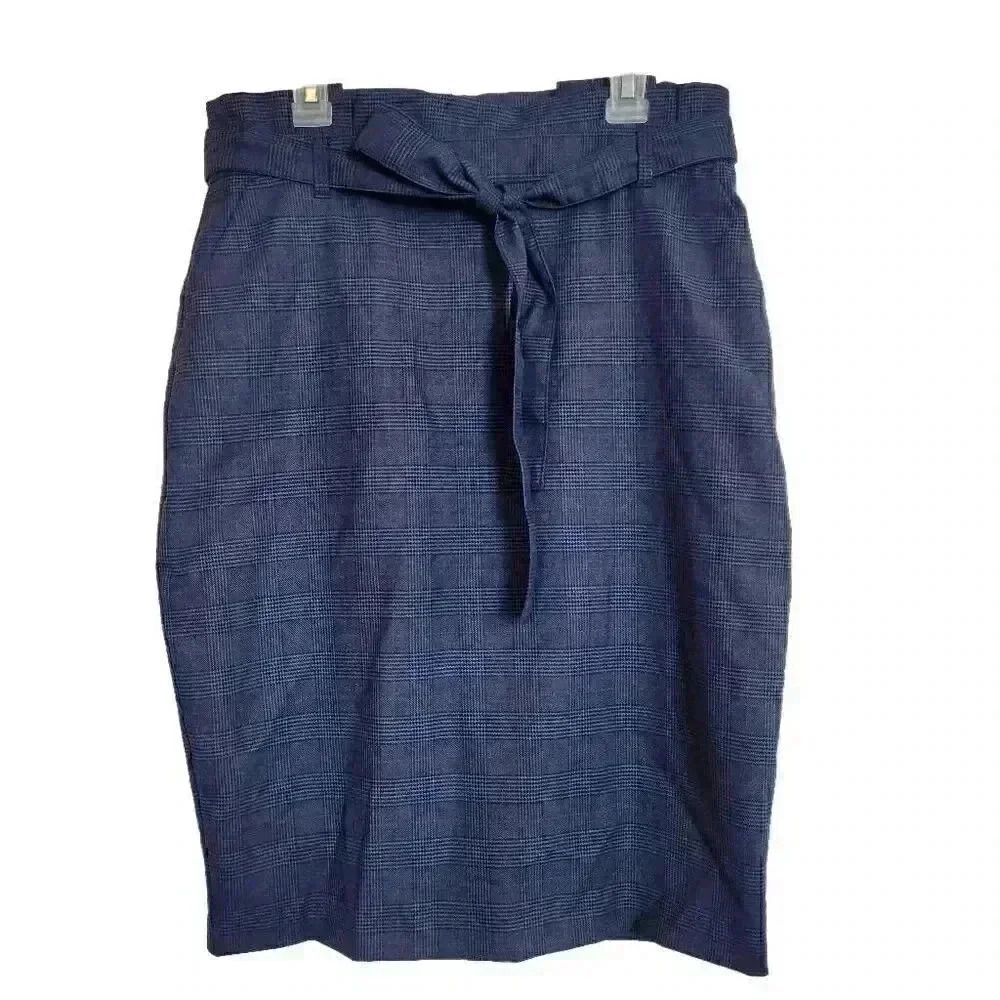 Banana Republic Women's Navy Poly/Rayon/Spandex Plaid Pencil Skirt w Tie Belt &